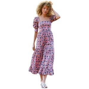 Eddy Barbara Square Neck 100% BCI Cotton Dress Pale Magenta & Indigo Floral 16